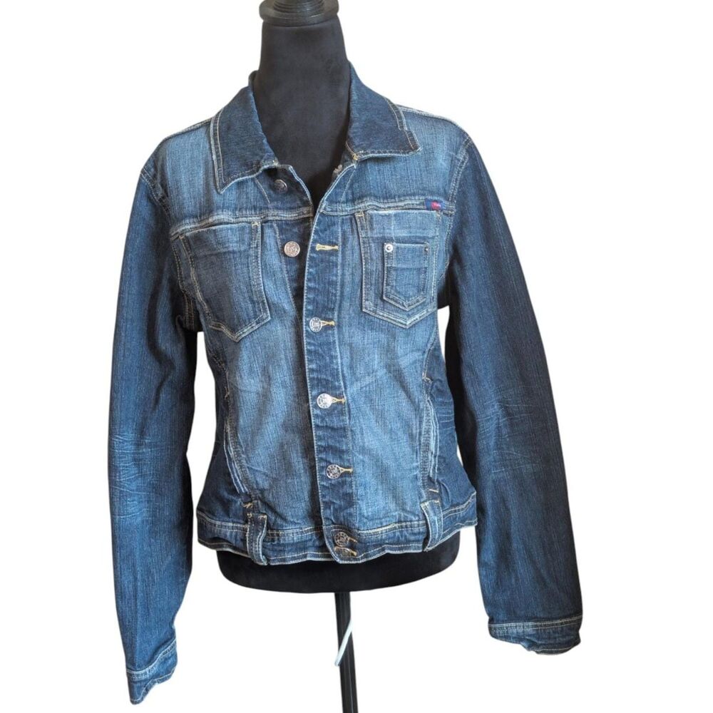 Yuka Jeans Womens XL Blue Denim Trucker Jacket Stretch Button Up Fitted Med Wash
